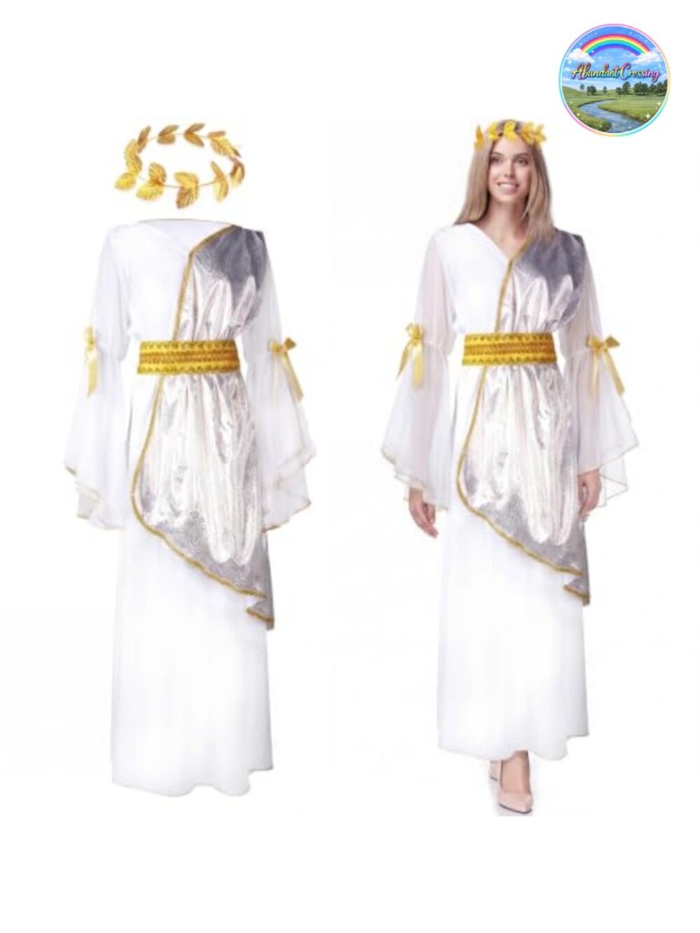 Greek Goddess Costume Set with Roman Leaf Wreath Polyester Toga Dress